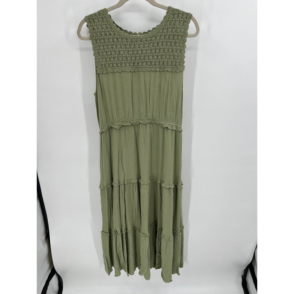 Skies Are Blue‎ Sage Green Crochet Lace Tiered Midi Dress Boho Sleeveless Large